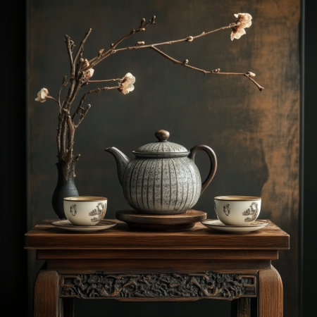 Vintage teapot and cups on wooden table in dark roomの素材
