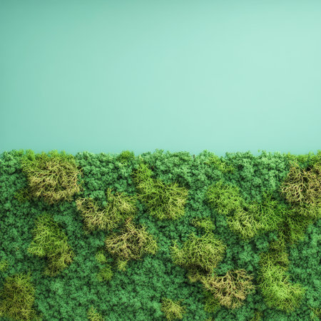 Green moss on a blue background. 3d illustration. Copy space.の素材