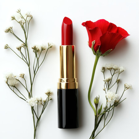 Beautiful lipstick and flowers on white background, flat lay. Beauty conceptの素材