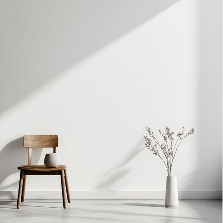 Interior of modern living room with white walls, concrete floor, white wooden chair and vase with dried flowers. 3d renderの素材