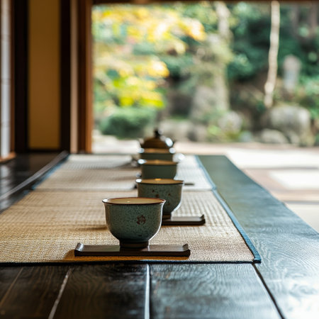 Japanese tea set on wooden table in a Japanese restaurant, stock photoの素材