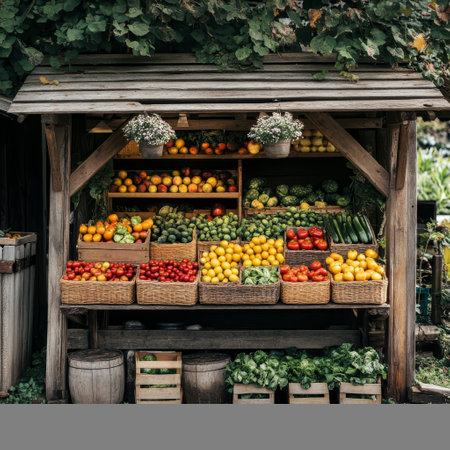 Fruits and vegetables on display at a farmers market in Italy.の素材