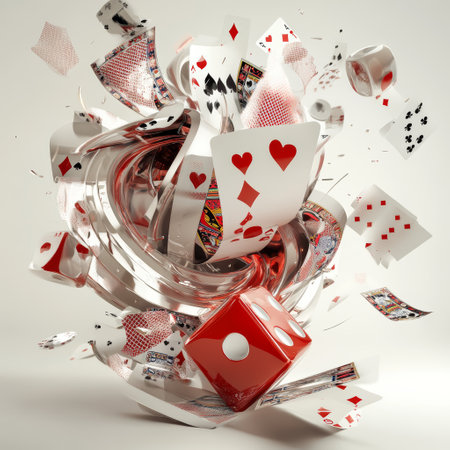 3d rendering of red dice falling into a pile of playing cardsの素材
