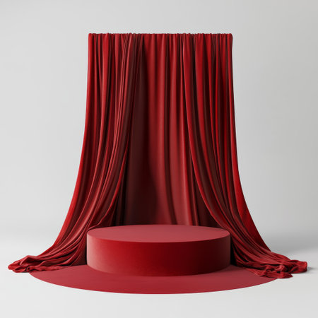3d render of red podium and red curtain on white background.の素材