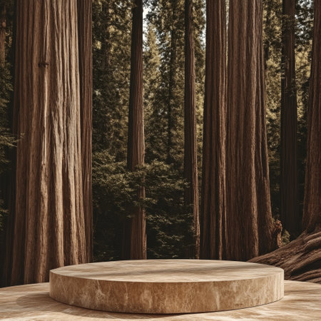 Empty podium in redwood forest. Mock up, 3D Renderingの素材