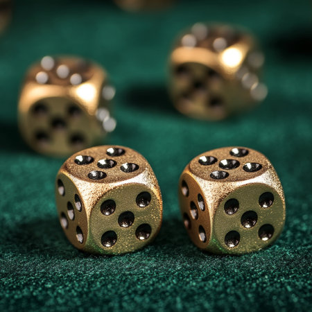golden dices on green background close-up macro photo.の素材