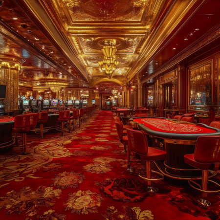 Luxury casino interior with roulette tables and chairs. 3D renderingの素材