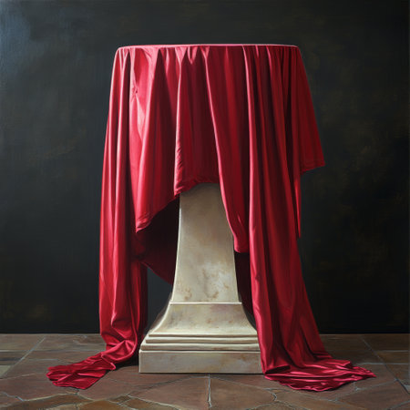 Antique marble table with red cloth on a dark background. 3d renderingの素材
