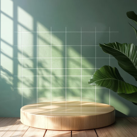 Wooden podium on green tile wall background. 3D rendering.の素材