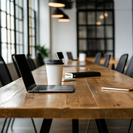 Coffee cup and laptop on wooden table in modern meeting roomの素材