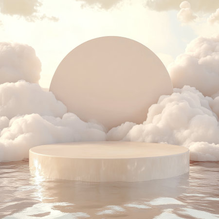 3D render of white podium in the sea with clouds and sunの素材