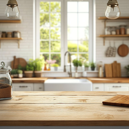 Empty wooden table over blurred kitchen background, product display, 3D Renderingの素材