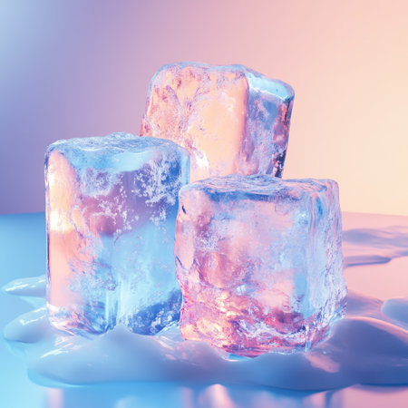 Ice cubes on a blue background. 3d rendering toned imageの素材