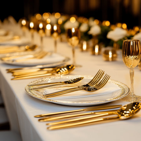 Wedding table setting with golden cutlery and candles.の素材