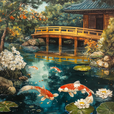 Koi fish and japanese house in the pond. Vintage painting.の素材