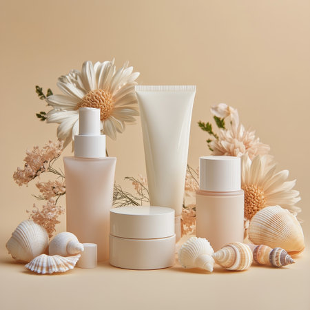 set of cosmetic products and seashells on pastel beige backgroundの素材