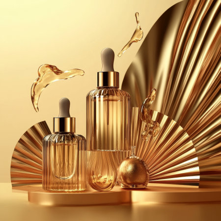 3d render of golden cosmetic bottles on golden background. Beauty product displayの素材