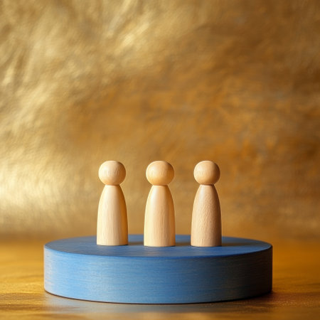 Wooden figures of people stand on a blue podium on a golden backgroundの素材