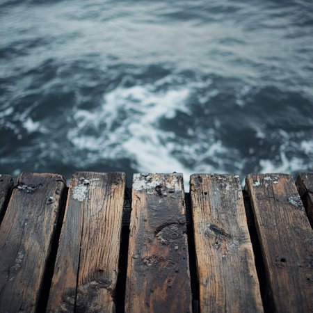Wooden pier on the sea background. Close-up view.の素材