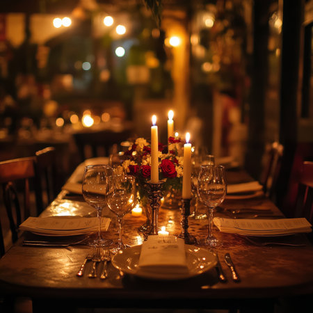 Restaurant table setting with candles and wine glasses in the eveningの素材