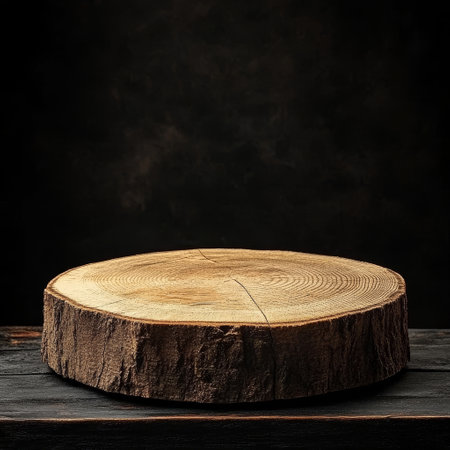 Wooden stump on black background, empty space for your product displayの素材