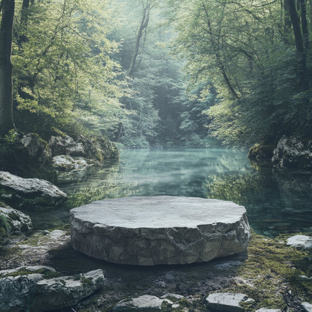 Round stone platform on the lake in the forest. 3d renderingの素材