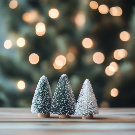 Christmas tree on wooden background with bokeh lights. Christmas greeting card.の素材