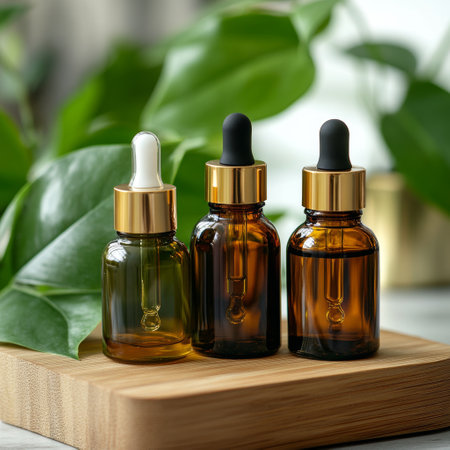Bottles of essential oil with green leaves on wooden table, closeupの素材