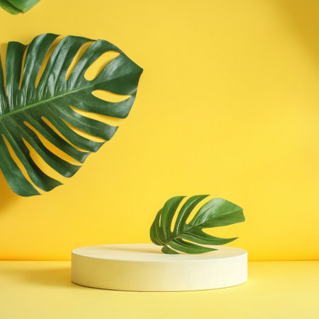 Minimal abstract scene with podium and monstera leaves on yellow backgroundの素材
