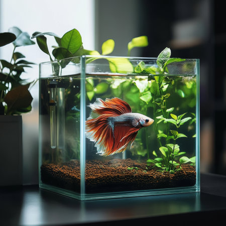 Siamese fighting fish in a glass aquarium on the table.の素材