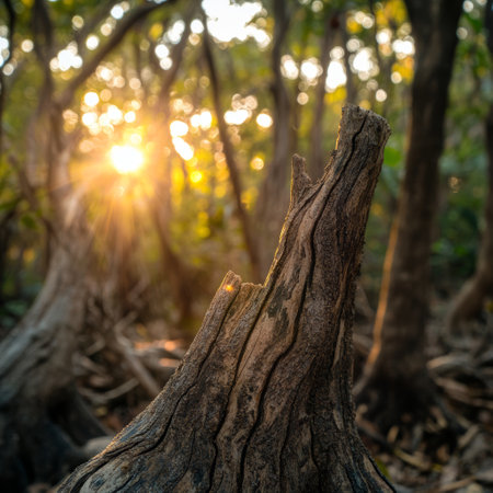 Tree trunk in the forest at sunset. Natural background and texture.の素材