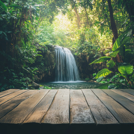 Wooden floor and waterfall in the rainforest. Vintage tone.の素材
