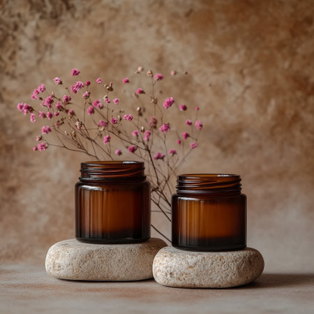 Two brown glass bottles of cosmetic cream with pink flowers on stone backgroundの素材