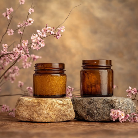 Essential oil in a glass jar on a wooden background with flowersの素材