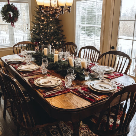 Beautiful Christmas table setting in rustic style with Christmas tree in backgroundの素材