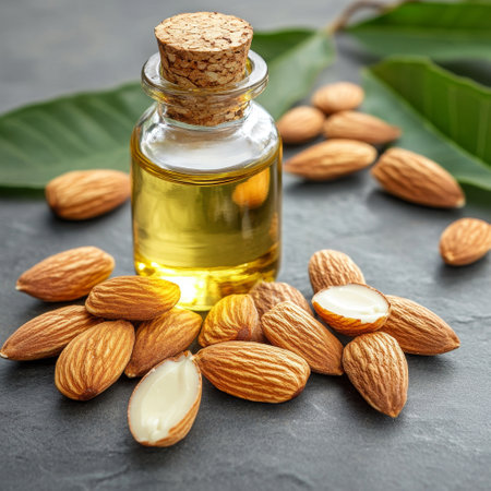 Almond oil in a small bottle. Selective focus. nature.の素材