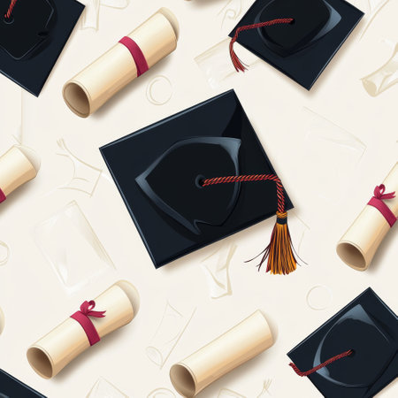 Seamless pattern with graduation cap and diploma on beige background. Vector illustration.の素材
