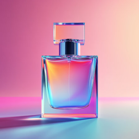 Perfume bottle on colorful background. 3D rendering illustration.の素材