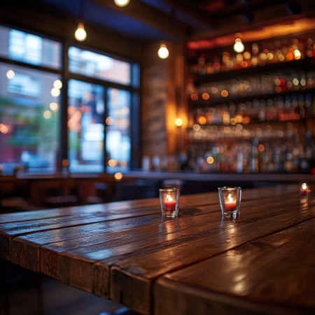 Two glasses of whiskey on a wooden table in front of the barの素材