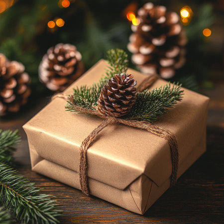 Gift box wrapped in kraft paper and tied with twine with fir branches and pine cones on wooden background.の素材