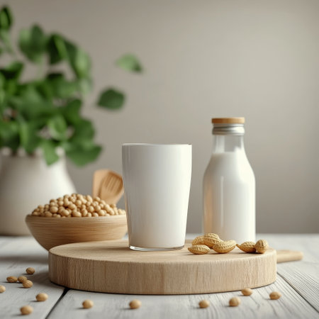 Bottle of soy milk and glass with nuts on white wooden tableの素材