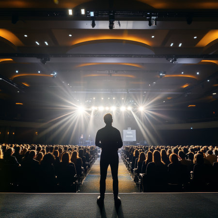 Silhouette of a man standing in front of a large audienceの素材
