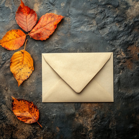 Envelope and autumn leaves on grunge background, top viewの素材