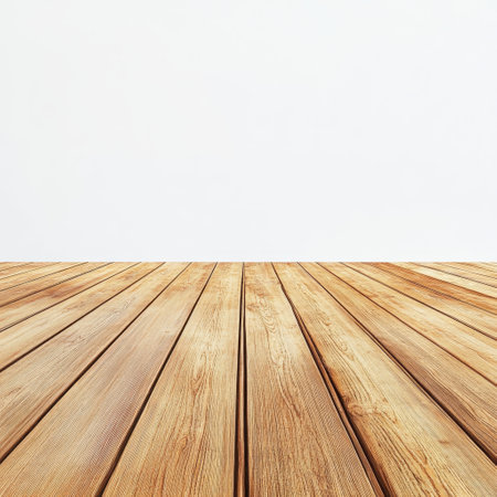 Empty wooden floor over white wall background, product display montage.の素材