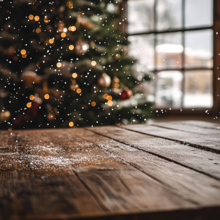 Wooden table with snowflakes and christmas tree in backgroundの素材