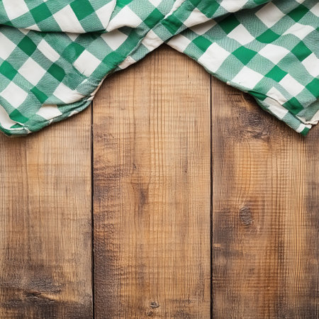 Green checkered tablecloth on wooden table. Top view with copy spaceの素材