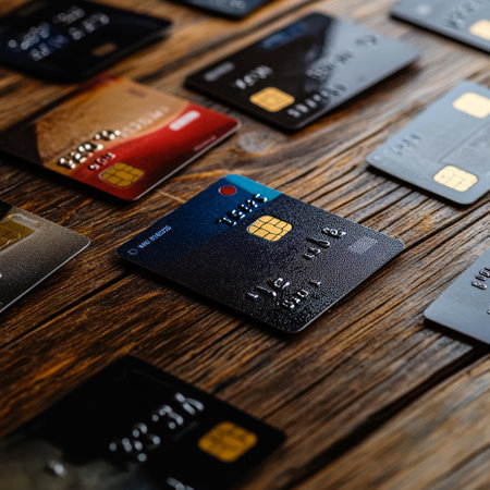 Credit cards on wooden background. Credit cards on the table. Credit cards on the table.の素材