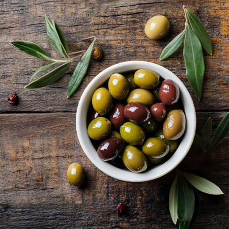 Green and black olives in a bowl on wooden table. Top viewの素材