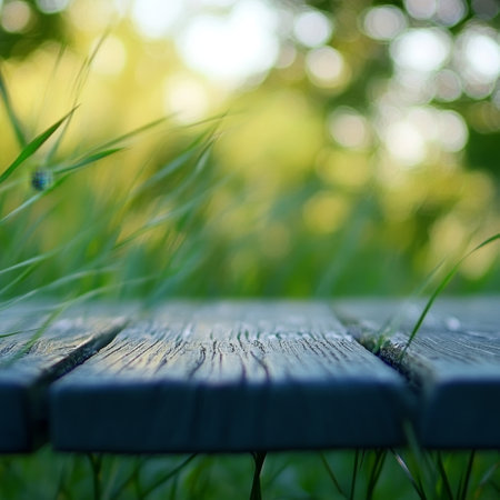 Wooden bench in the grass with bokeh background, close upの素材