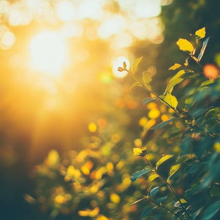 Beautiful sunset in the forest. Nature background with bokehの素材